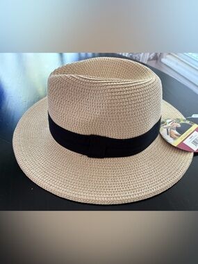 Wide Brim Straw Sun Hat with Black Ribbon - Beige